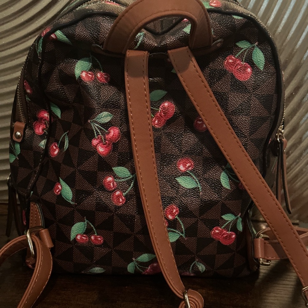 Cherry Patterned Brown Backpack - image 2